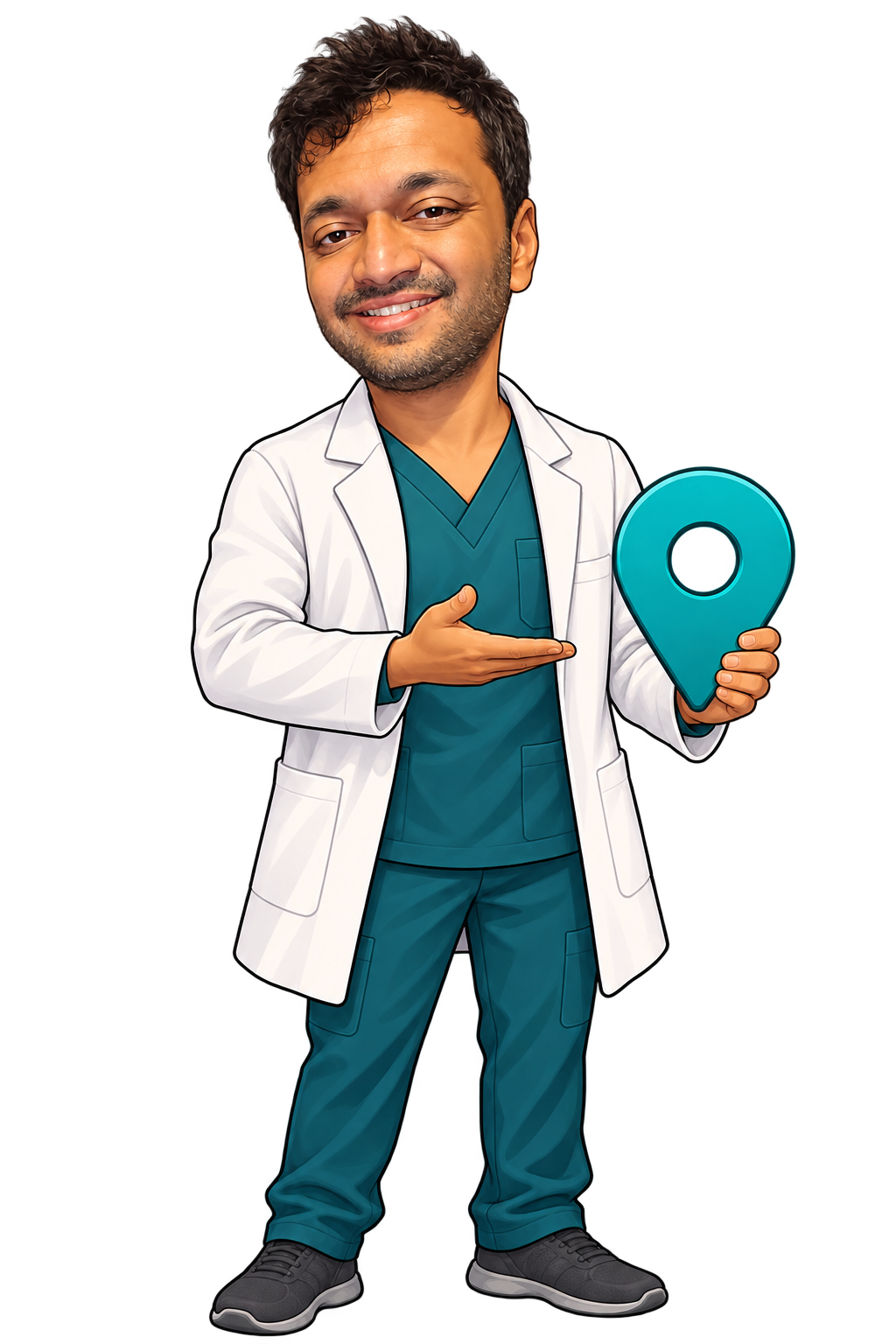 Chibi illustration of Dr. Vyas pointing to a location pin